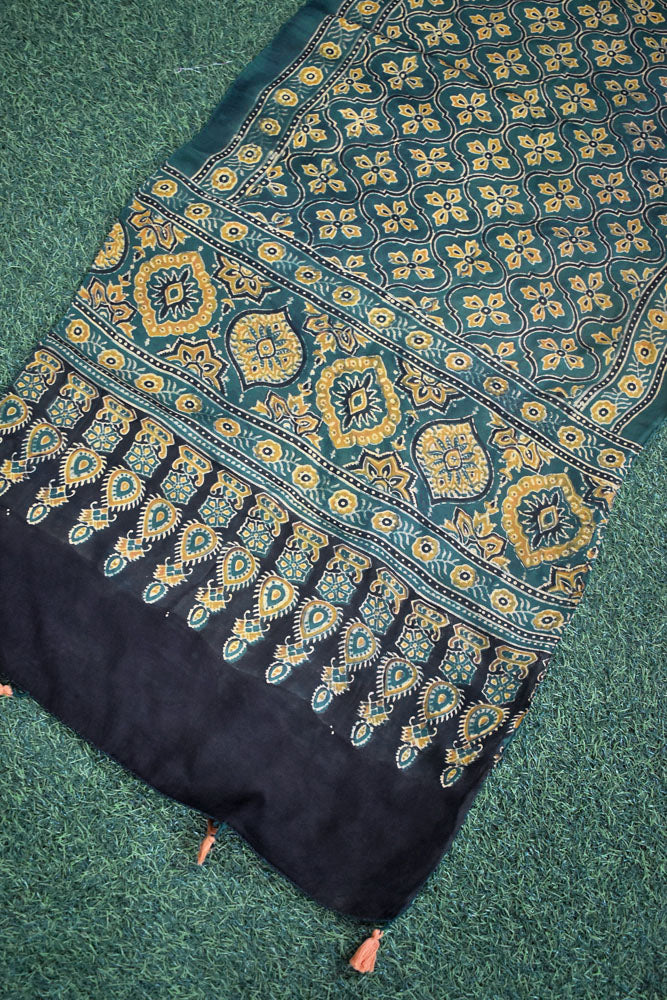 Beautiful Hand Block Printed Ajrakh Modal Silk stole with Tassels