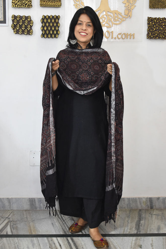 Elegant Ajrakh Hand Block Printed Pure Linen dupatta