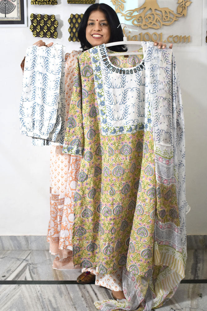 Hand Block Printed stitched 3 pc Cotton suit with Kutch Mirror Work Size - 44