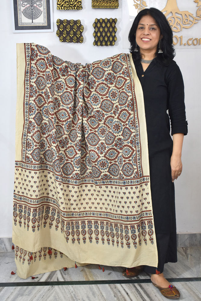 Ajrakh Hand Block Printed Cotton Dupatta with Tassels & natural dyes