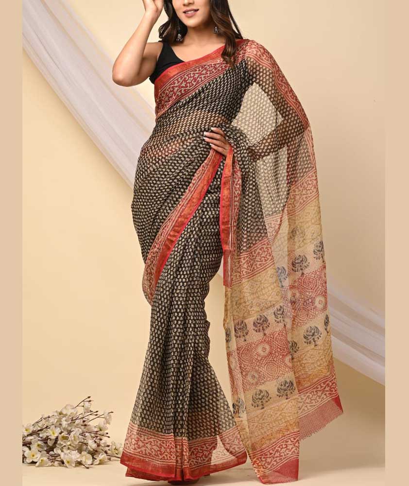 Beautiful Hand Block Printed Kota cotton Saree with zari border