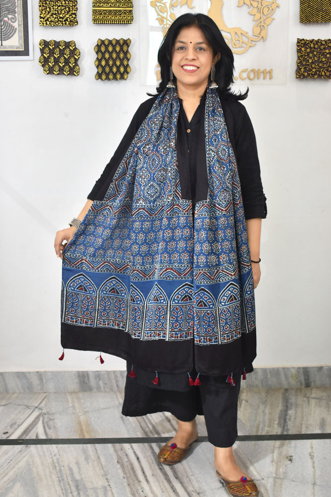 Beautiful Hand Block Printed Ajrakh Modal Silk stole with Tassels