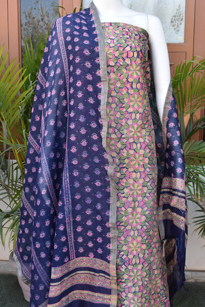 Beautiful Hand Block Printed Chanderi unstitched suit fabric with Geecha border