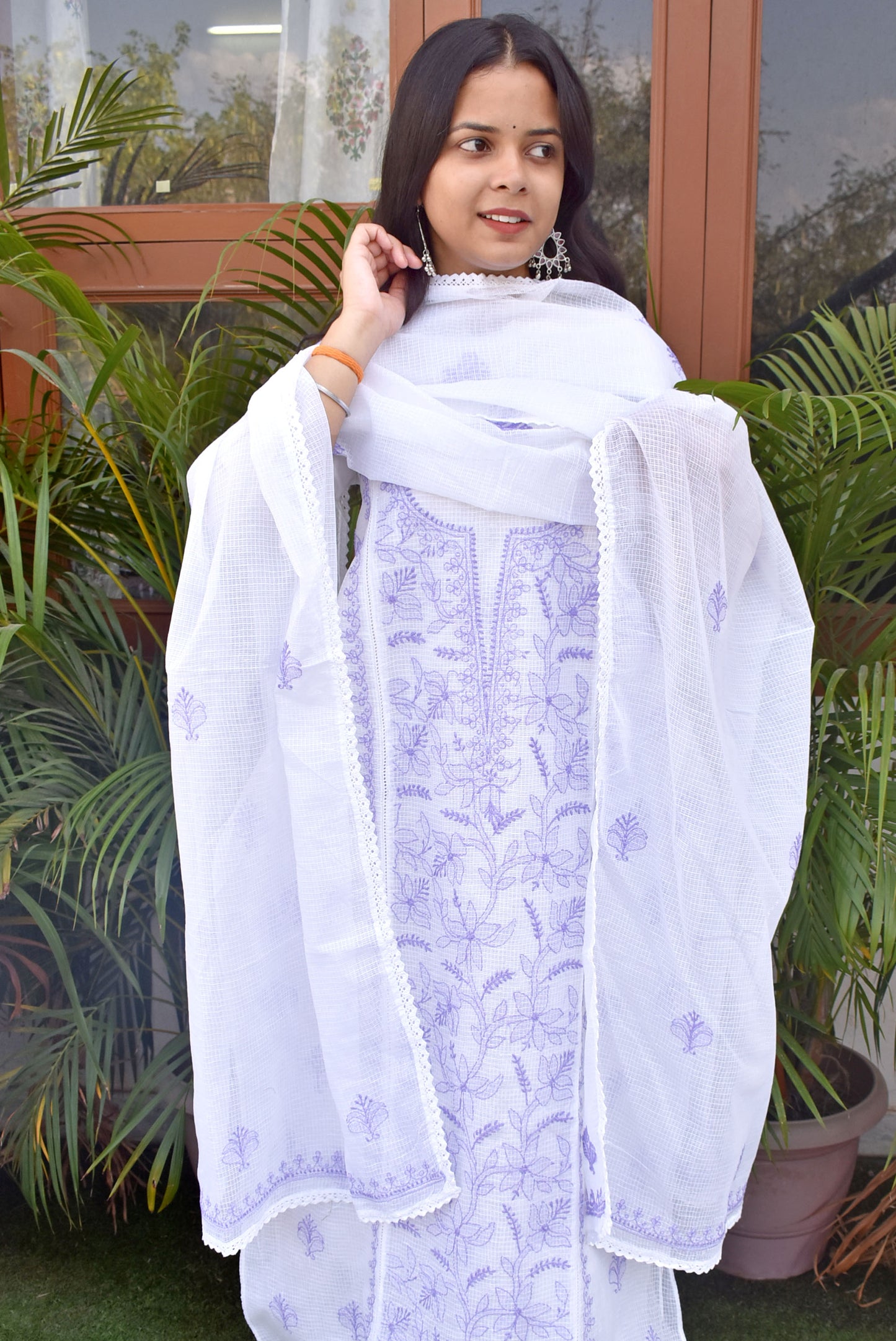 Elegant Kota Kurta & Dupatta Set with intricate Lucknowi Hand Chikankari embroidery - thread color Lavender