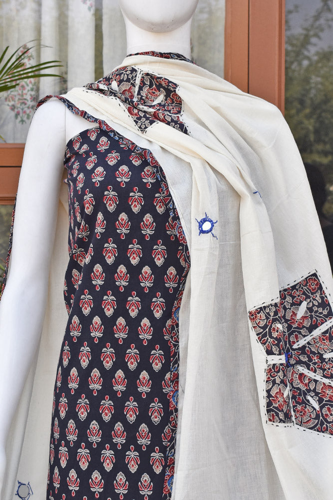 Beautiful Ajrakh kurta fabric with Hand Applique Patch work dupatta