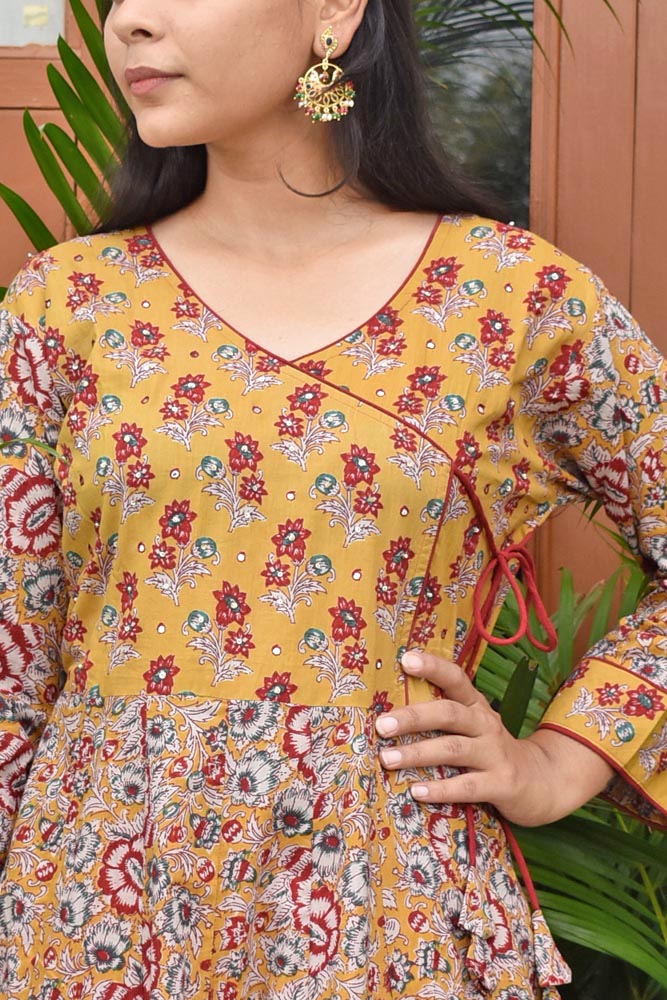 Beautiful Angrakha style Long Cotton Dress/ Kurti with side tie up strings Size - 40, 42,