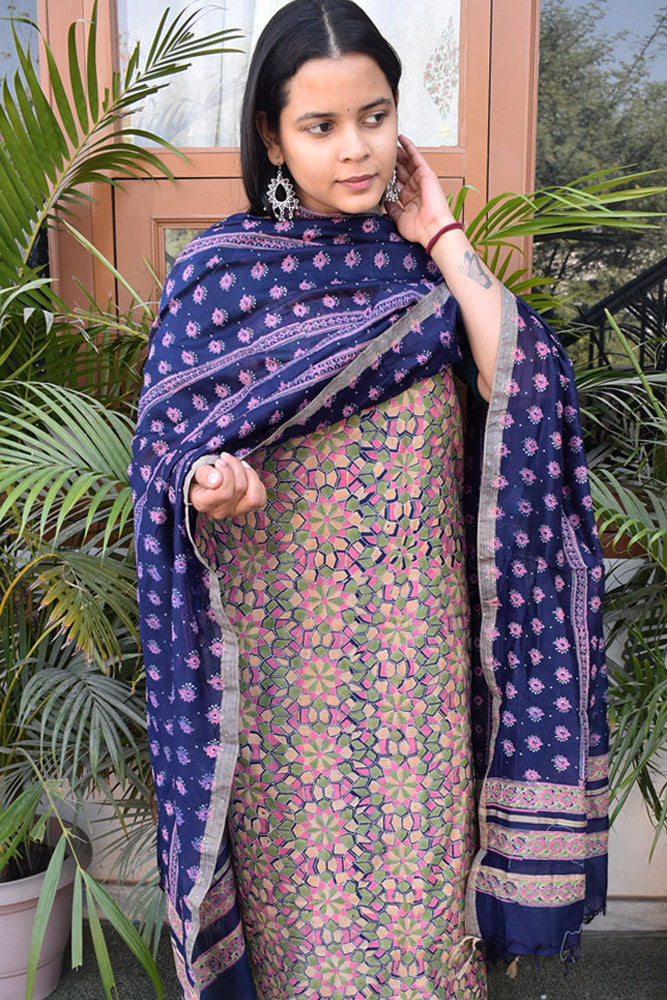 Beautiful Hand Block Printed Chanderi unstitched suit fabric with Geecha border