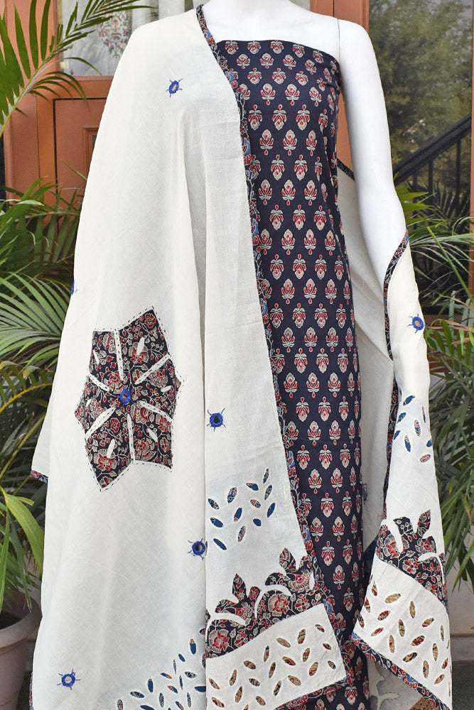 Beautiful Ajrakh kurta fabric with Hand Applique Patch work dupatta