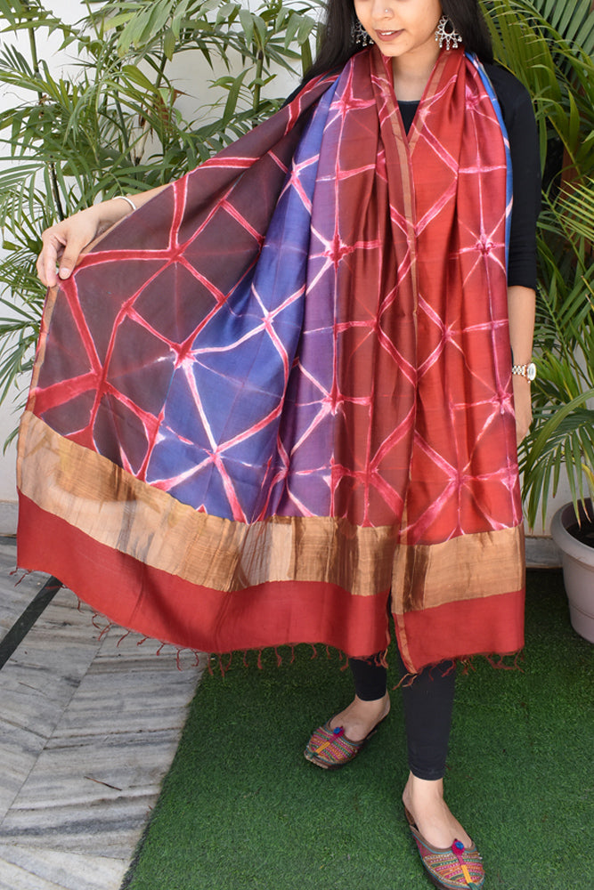 Clamp Dyed Chanderi Dupatta with Zari border and palla