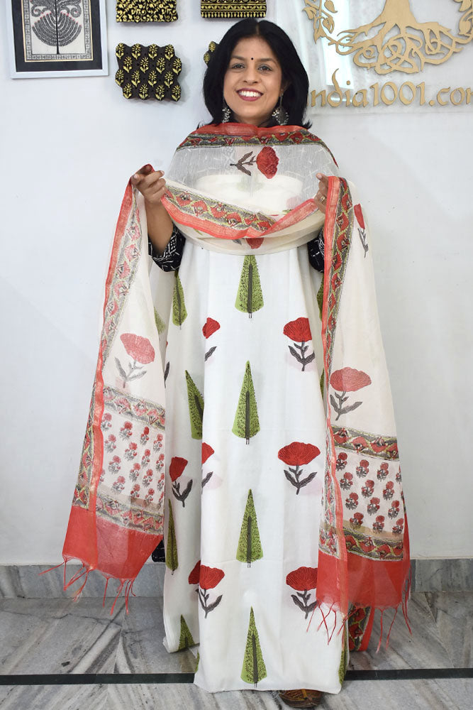 Designer Hand Block Placement Print Cotton suit with Chanderi dupatta and panel design (Copy)
