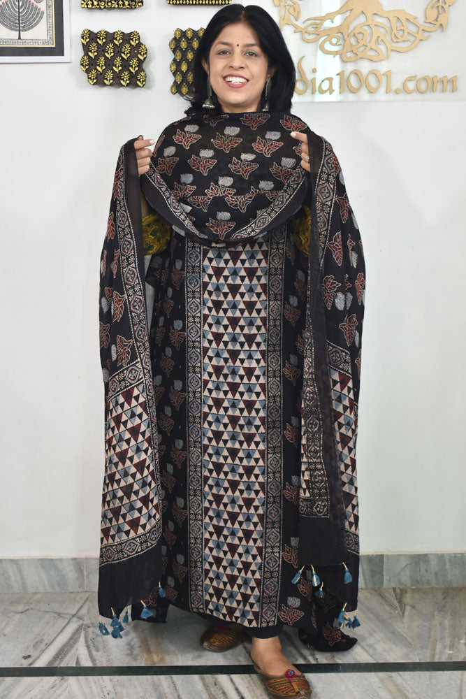 Ajrakh Hand Block Print Georgette Dupatta & Georgette Kurta Fabric