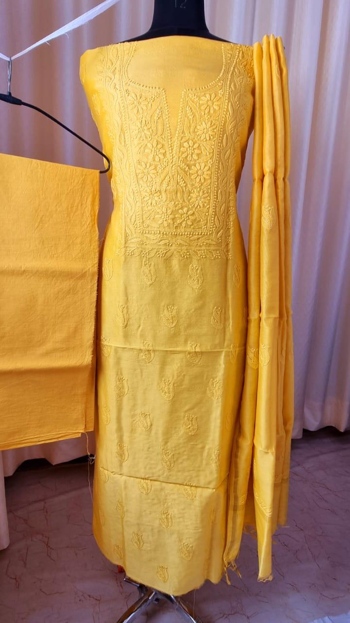 Elegant Chanderi silk Cotton Kurta & Dupatta with Chikankari Embroidery work & cotton bottom - 3 pc set