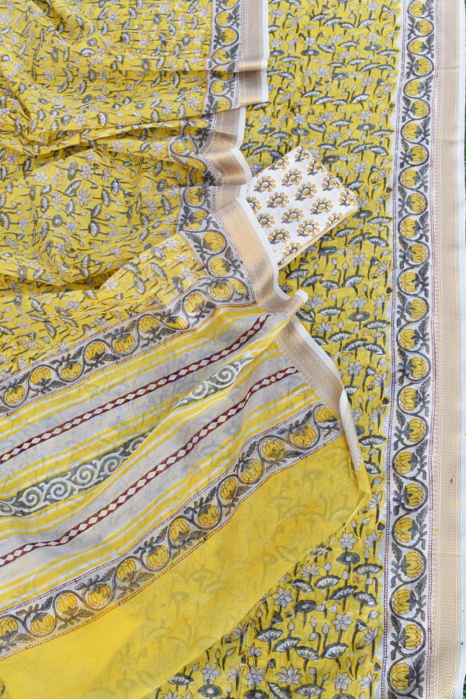 Beautiful Hand Block Printed Maheshwari Silk Cotton Unstitched suit fabric - 3 pc set