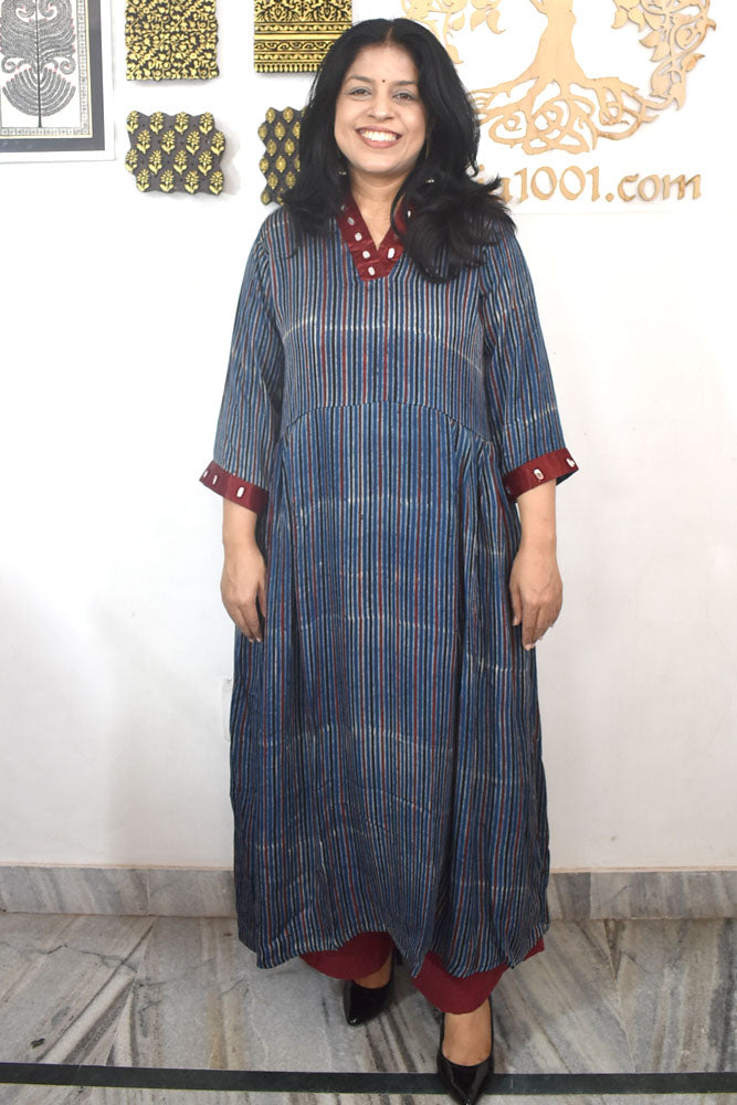 Beautiful Hand Block Printed Ajrakh Modal Silk Kurta With Mirror Work, Size 38 to 48