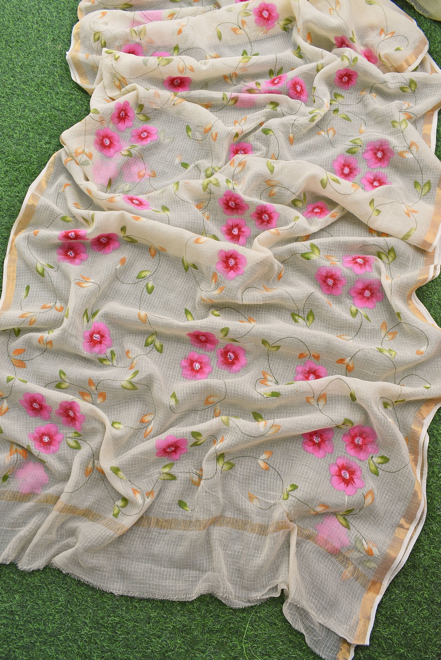 Prakriti : Beautiful Kota Doria Saree with Hand Painted Floral Motifs - Light beige color