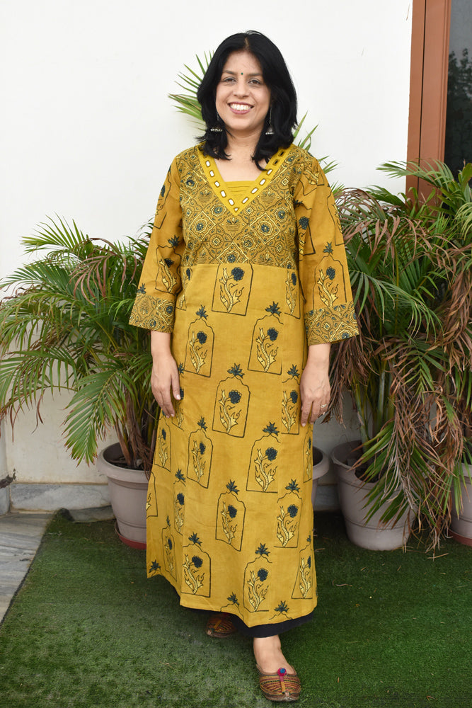 Beautiful Hand Block Printed Ajrakh Cotton kurta with Kutch Mirror work , Size 38 to 46