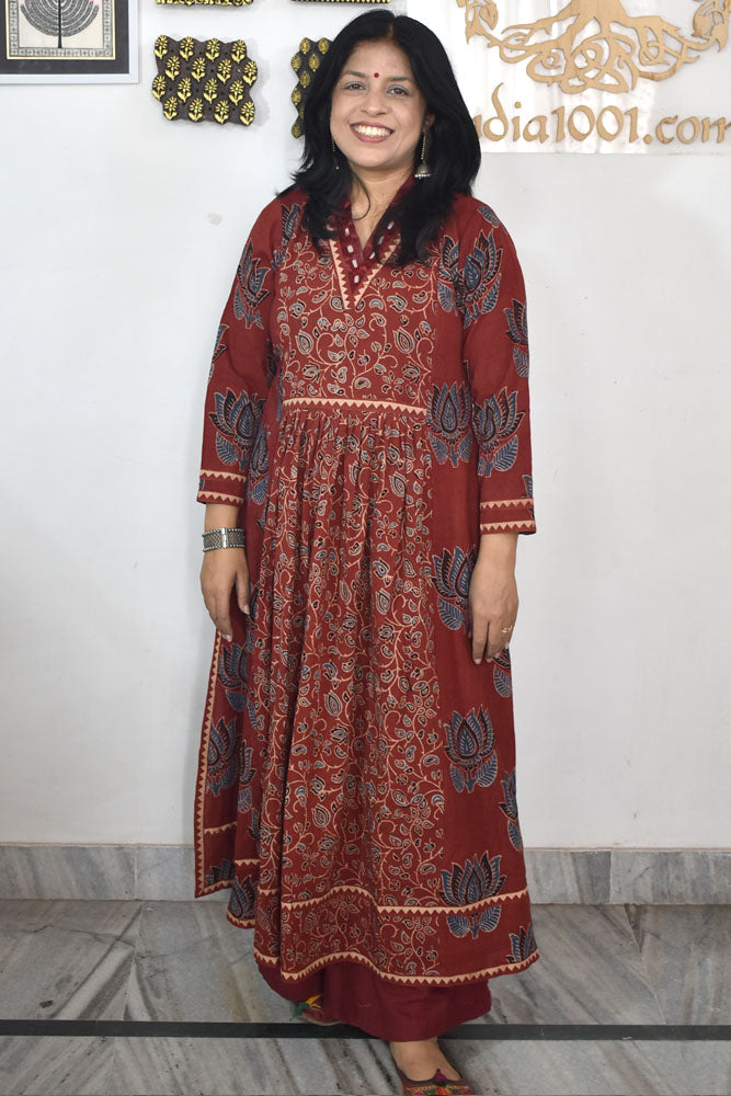 Designer Hand Block Printed Ajrakh cotton Kurta / Dress With Mirror Work - Size 38 to 48 ( all sizes)