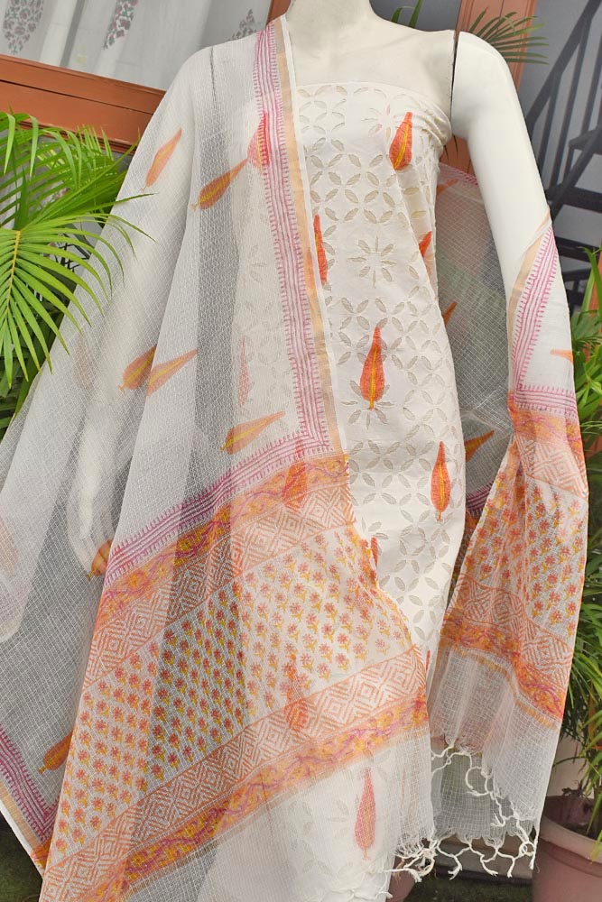Hand Block Printed Cotton Suit with Hand applique work & Kota dupatta
