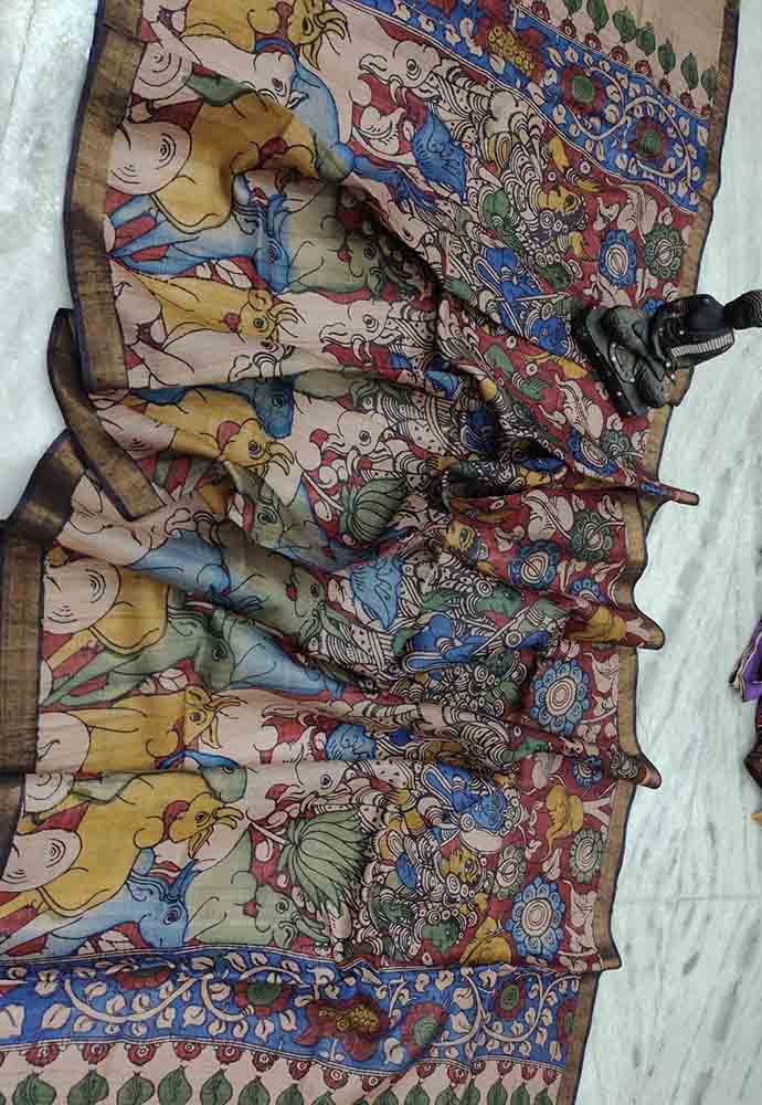 Earthy Hand Painted Kalamkari Desi Tussar Silk Dupatta