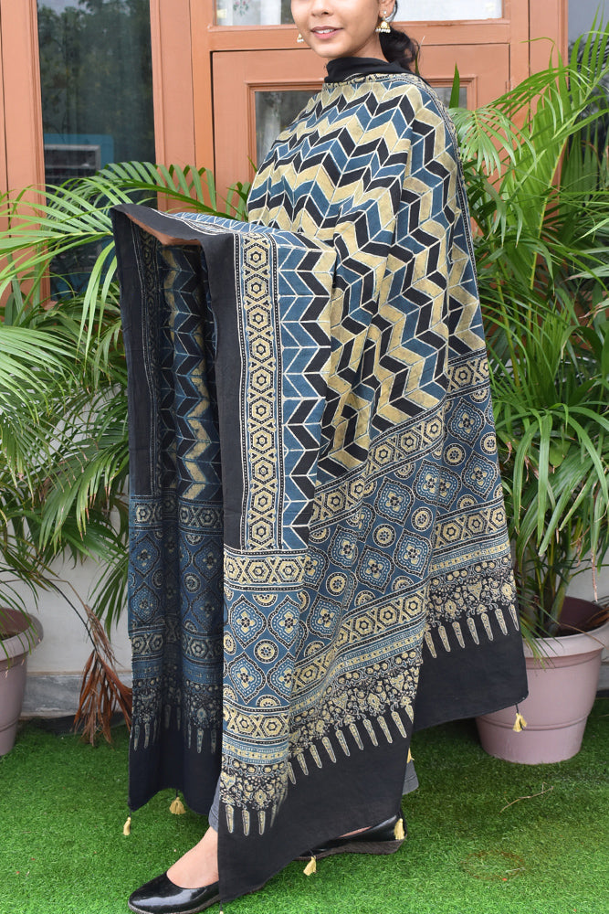 Ajrakh Hand Block Printed Cotton Dupatta with Tassels with natural dyes