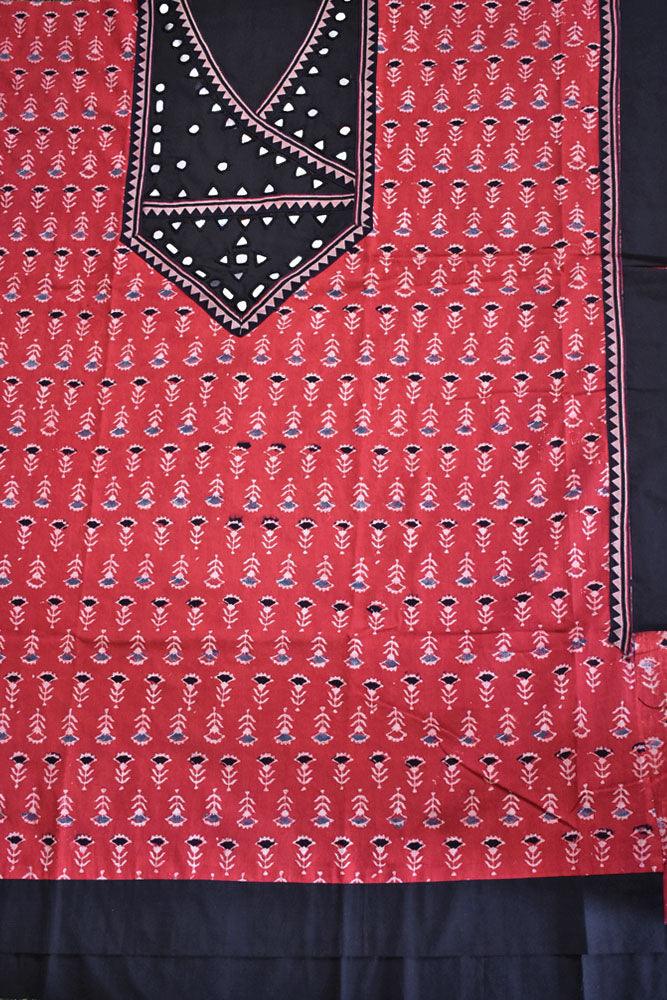 Designer Ajrakh Cotton Short Kurta Fabric with Kutch Mirror Work patch