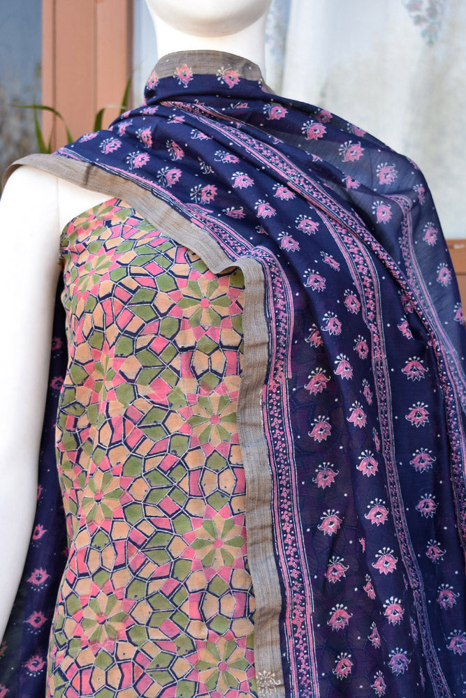 Beautiful Hand Block Printed Chanderi unstitched suit fabric with Geecha border