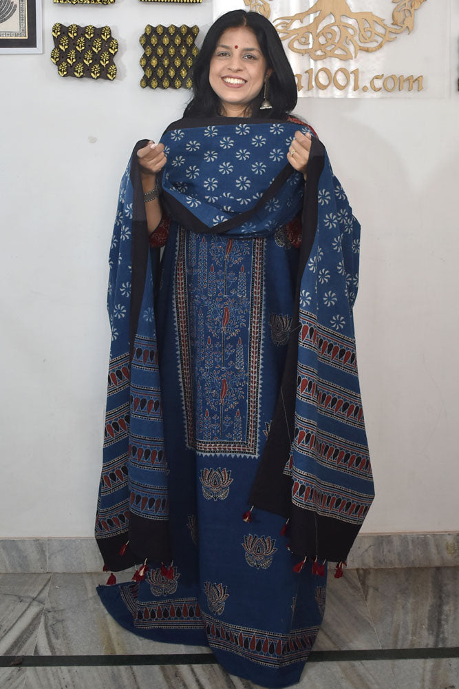 Designer Ajrakh Cotton Unstitched suit with panel design, Ajrakh Dupatta - 2 piece set