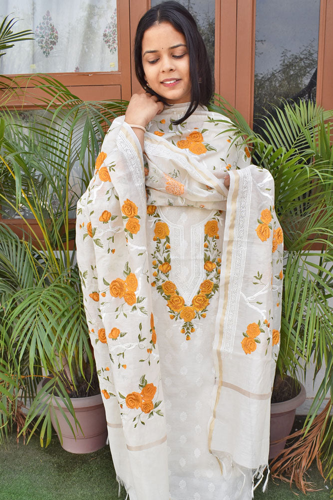 Beautiful embroidered Banarasi Slub Cotton Chanderi suit