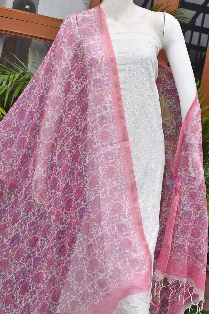Beautiful Cotton Unstitched Suit Fabric with Chikankari kurta & Kota Doria Dupatta