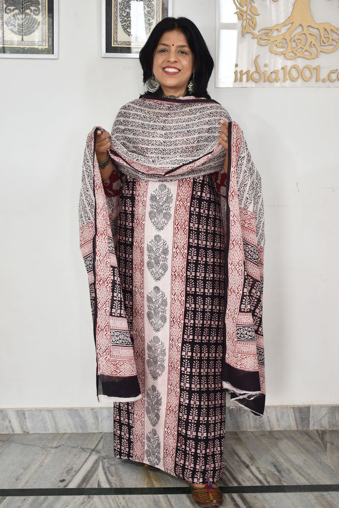Bagh Hand Block Printed unstitched 3 pc Cotton suit fabric from MP