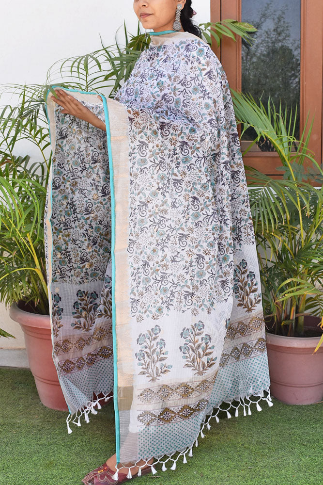 Beautiful Hand Block Printed Kota Doria Dupatta with broad zari border