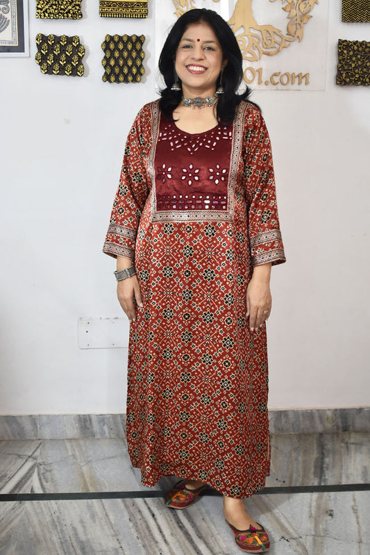Beautiful Mashru Silk Kurta with Ajrakh block print & Kutch mirror work - Size 38 - 48