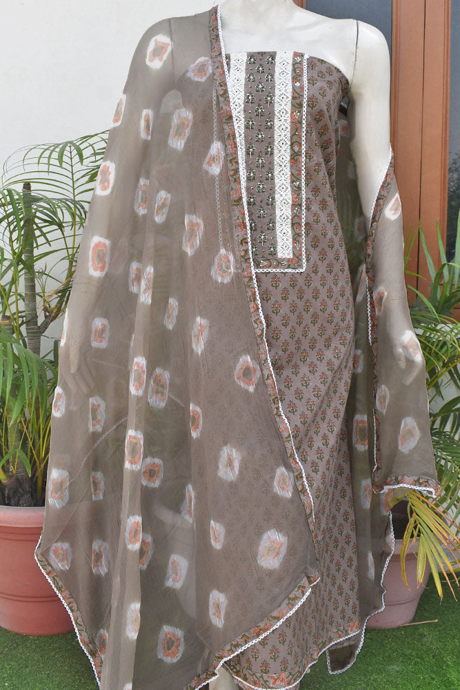 Beautiful Cotton Suit with Schiffli work Lace , Hand painted motifs & Hand Embroidery