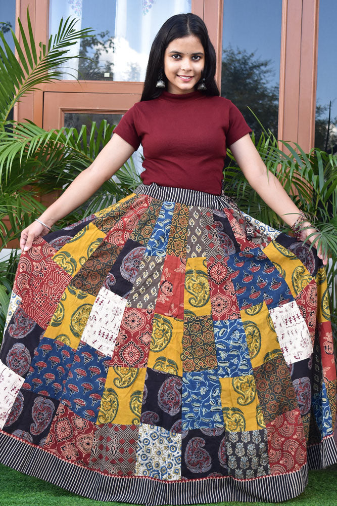 Beautiful Ajrakh Hand Block Printed Patch Work Cotton Long Skirt with Stitched borders