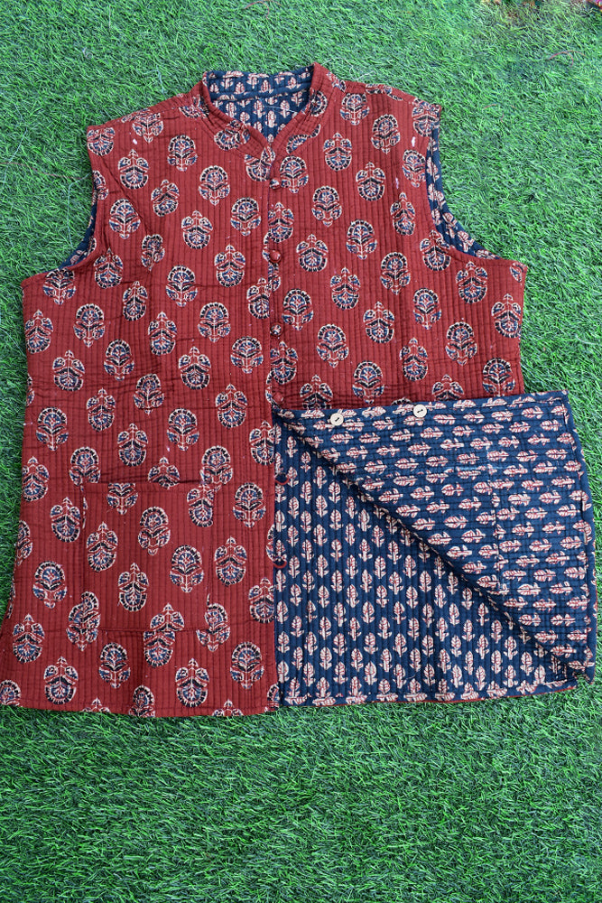Block Print Quilted Reversible cotton Sleeveless jacket - Size 38, 40, 44, 46