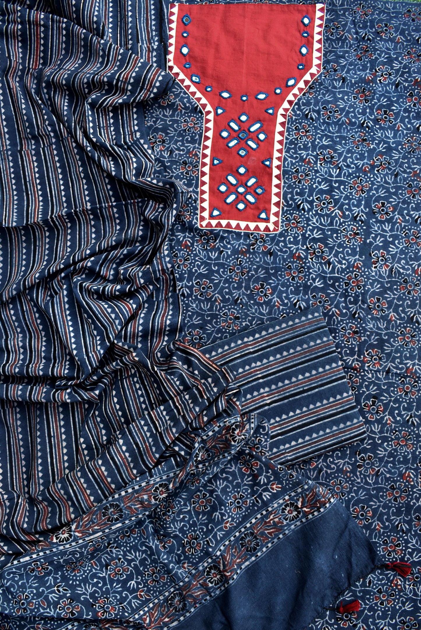 Hand Block Print Ajrakh Cotton Suit with designer brush paint & Kutch Mirror work