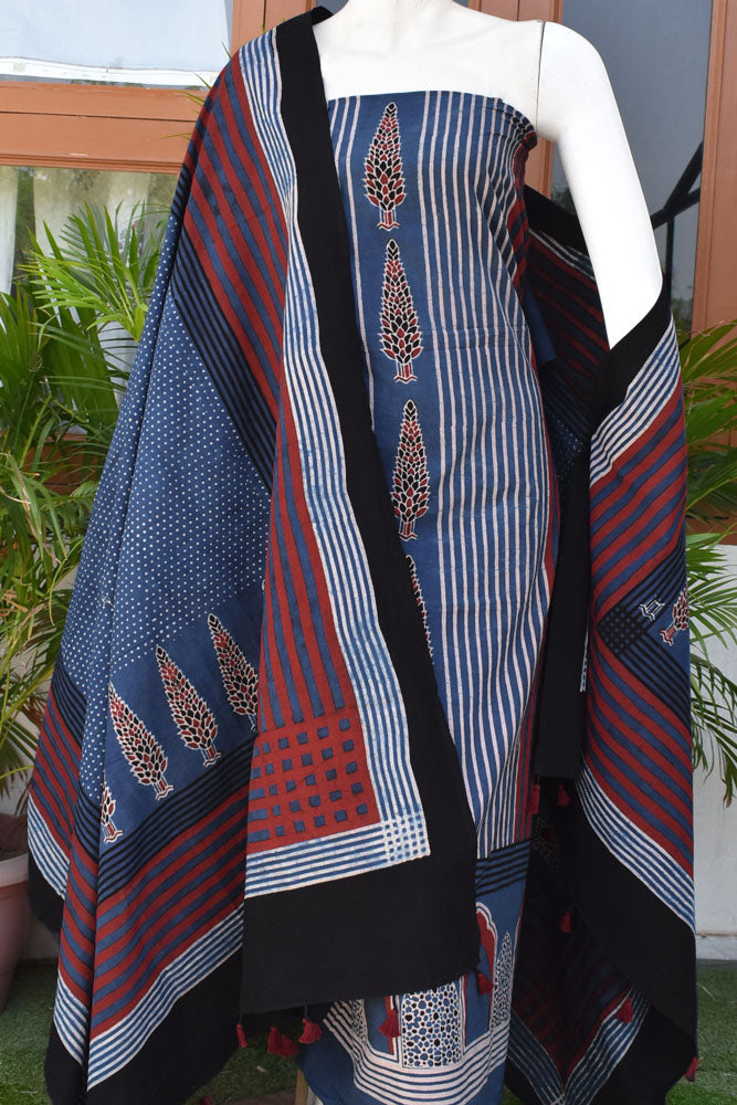 Hand Block Print Ajrakh Cotton Suit with designer Ajrakh neck yoke pattern