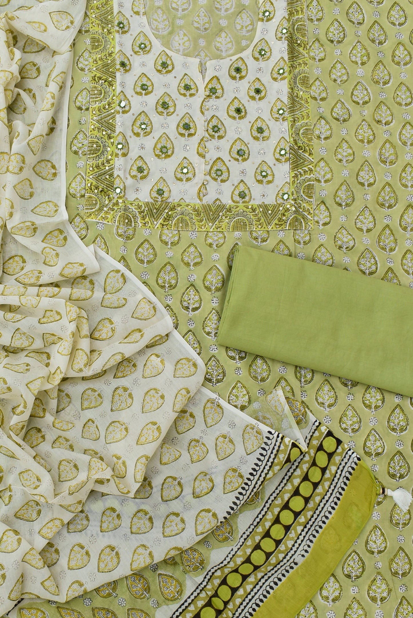 Beautiful Cotton Unstitched Suit Fabric with Embroidery, sequin & mirror work & Mul cotton dupatta