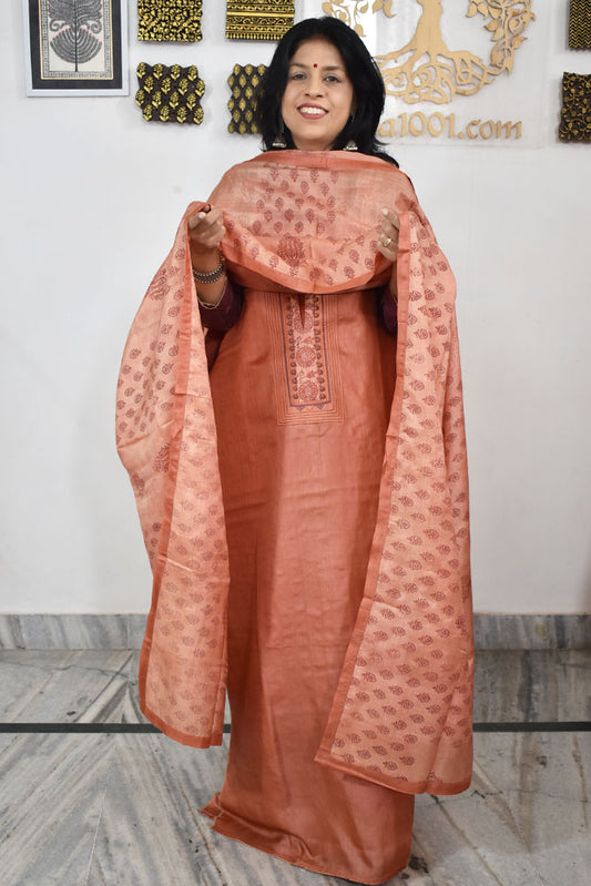 Semi Stitched Block Printed Tussar Silk Dupatta  & Tussar Kurta Fabric