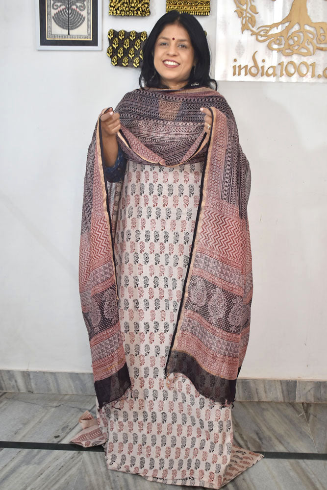 Classic Bagh Block Printed unstitched suit fabric with Kota Doria dupatta