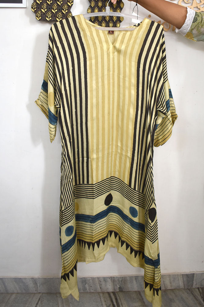 Beautiful Hand Block Printed Ajrakh Modal Silk Kaftan Kurta, Size 40 to 44