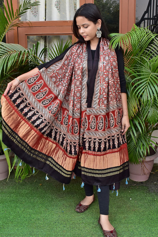 Elegant Modal Silk Ajrakh Block Print Dupatta with zari lagdi patta palla & Tassels
