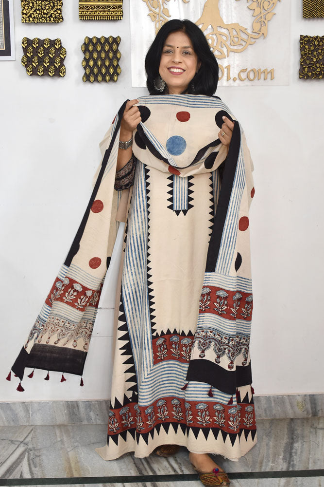 Block Print Ajrakh Cotton Suit with designer Ajrakh neck yoke /panel & Long Stole