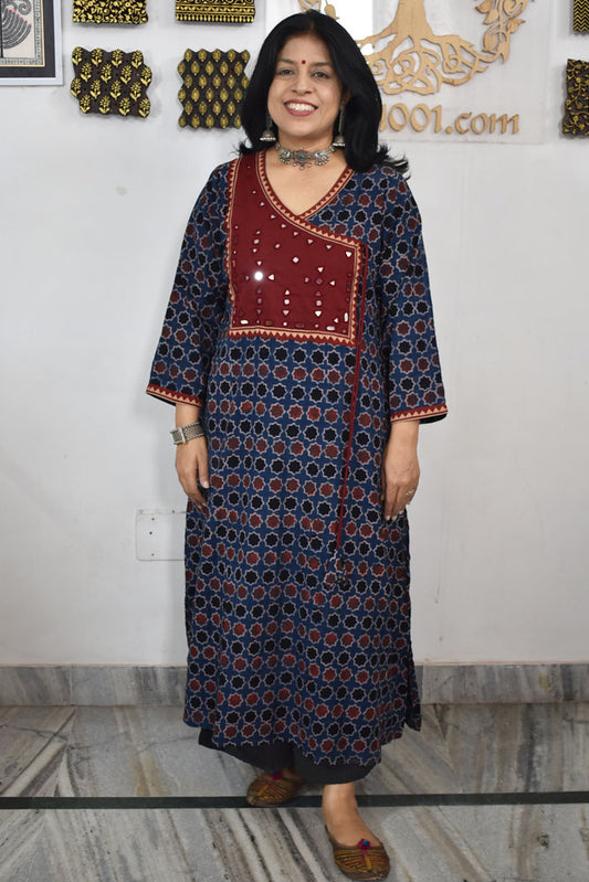Designer Hand Block Printed Ajrakh cotton Kurta with Kutch Mirror work