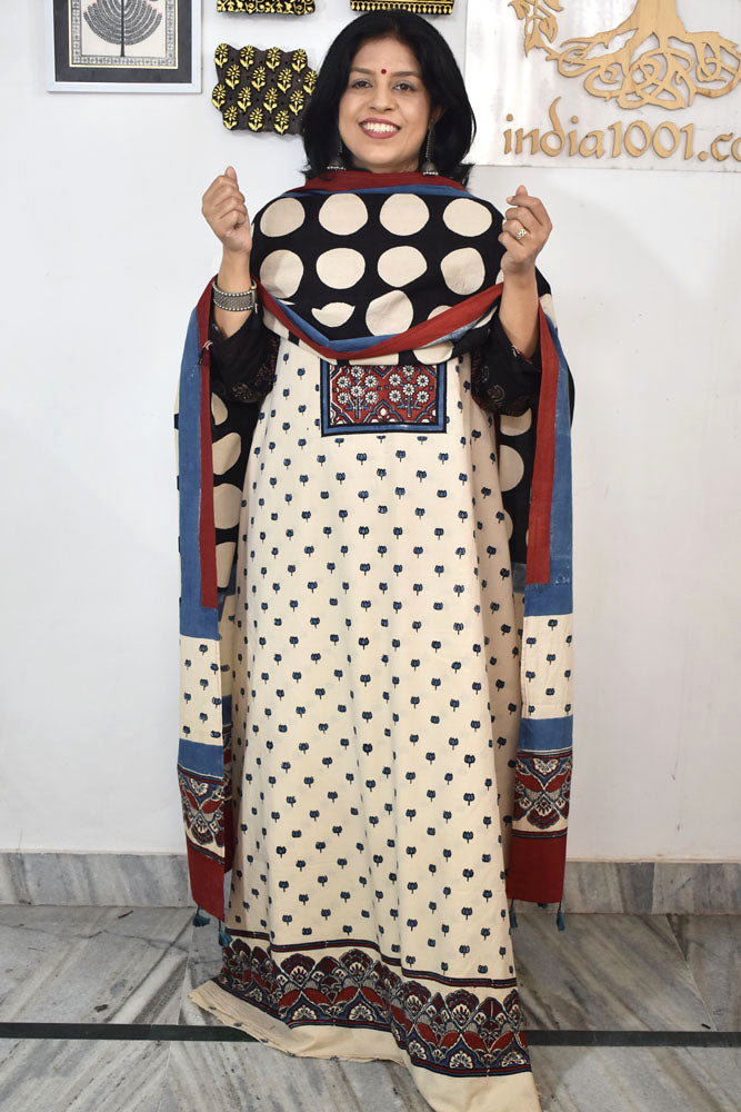 Block Print Ajrakh Cotton Suit with designer Ajrakh neck yoke /panel & Long Stole