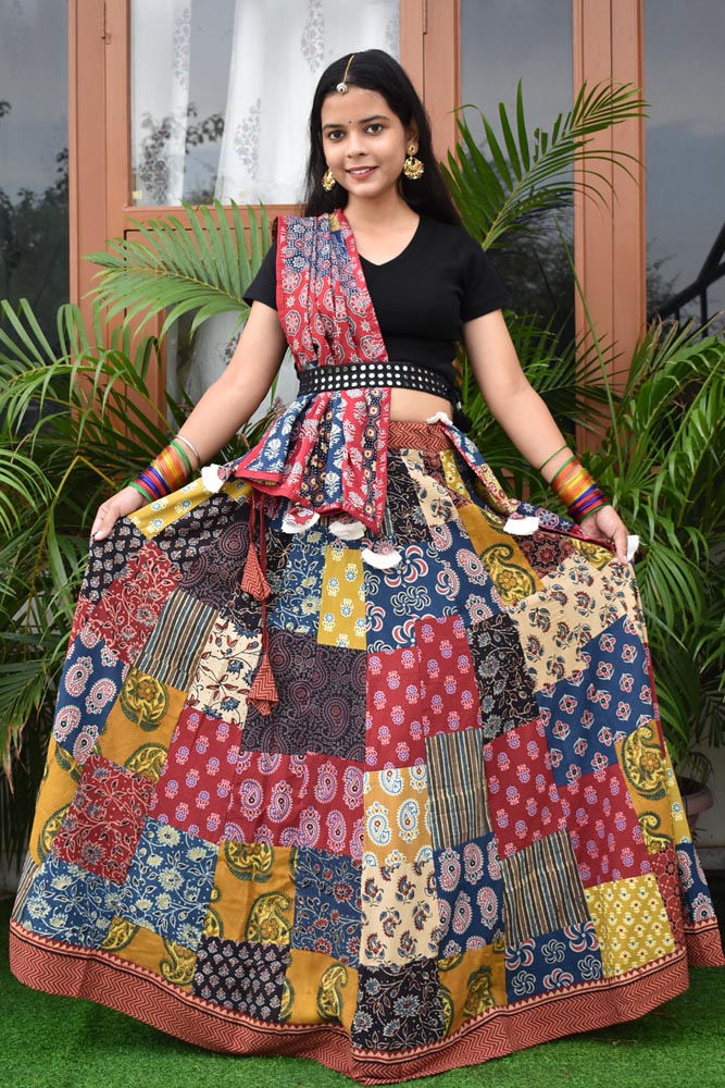Beautiful Ajrakh Hand Block Printed Patch Work Cotton Long Skirt with Stitched borders