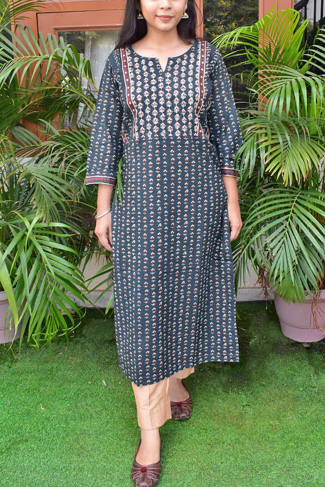 Hand Block Print Cotton Kurta with pitta work Size - 38, 40, 42, 44