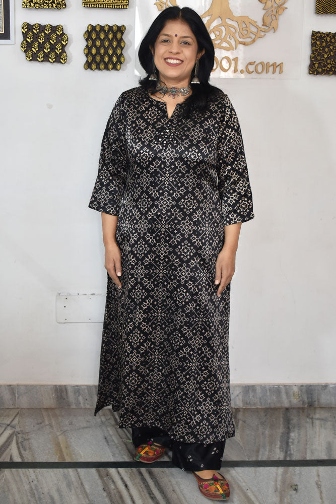 Beautiful Ajrakh Mashru Silk Kurta with Kutch Mirror work & Mashru pant size - 38 to 48