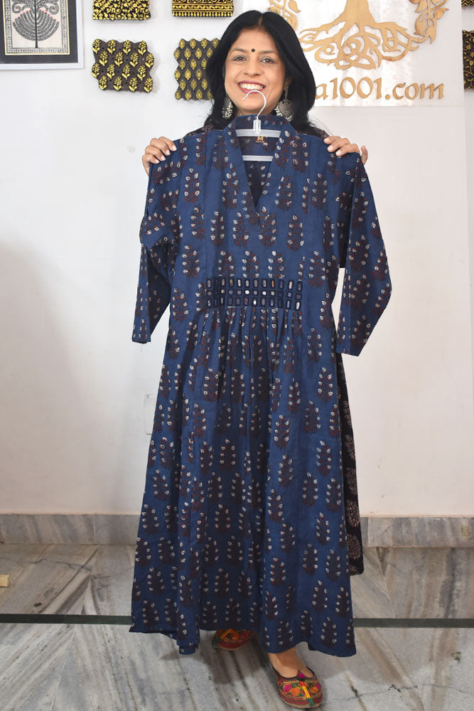 Beautiful Hand Block Printed Ajrakh Cotton kurta with Kutch Mirror work , Size 38 to 44