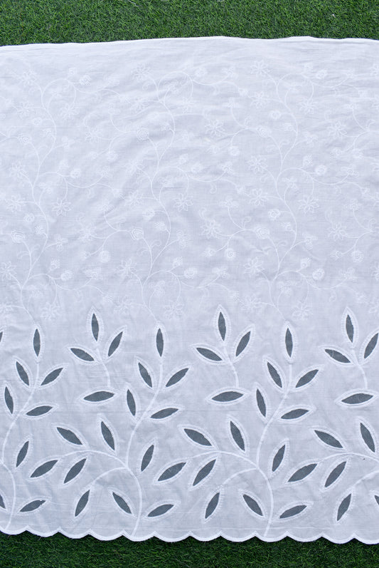 Beautiful cotton fabric with cut work & embroidery - 2.5 mtrs - color White - dyeable